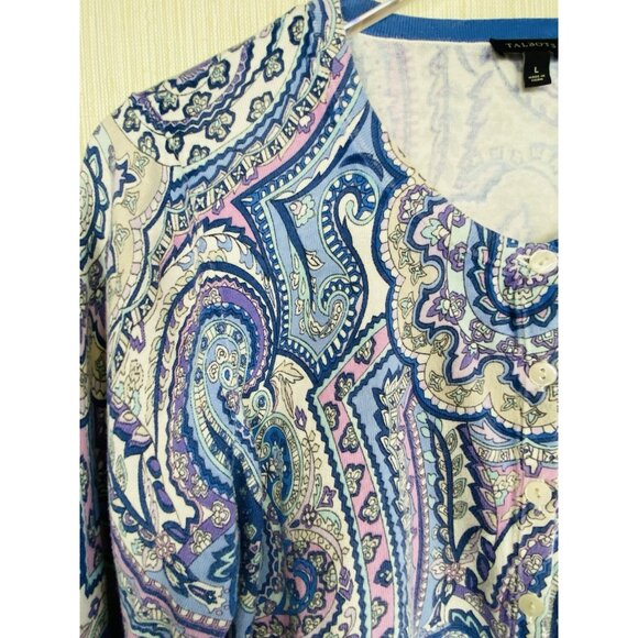 Talbots Size L Blue Purple Paisley Print Button Front Cardigan Sweater 3/4 Slv - Picture 3 of 6